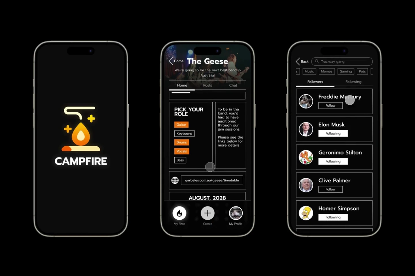 Three screens from the Campfire prototype: introduction, community and discovery.