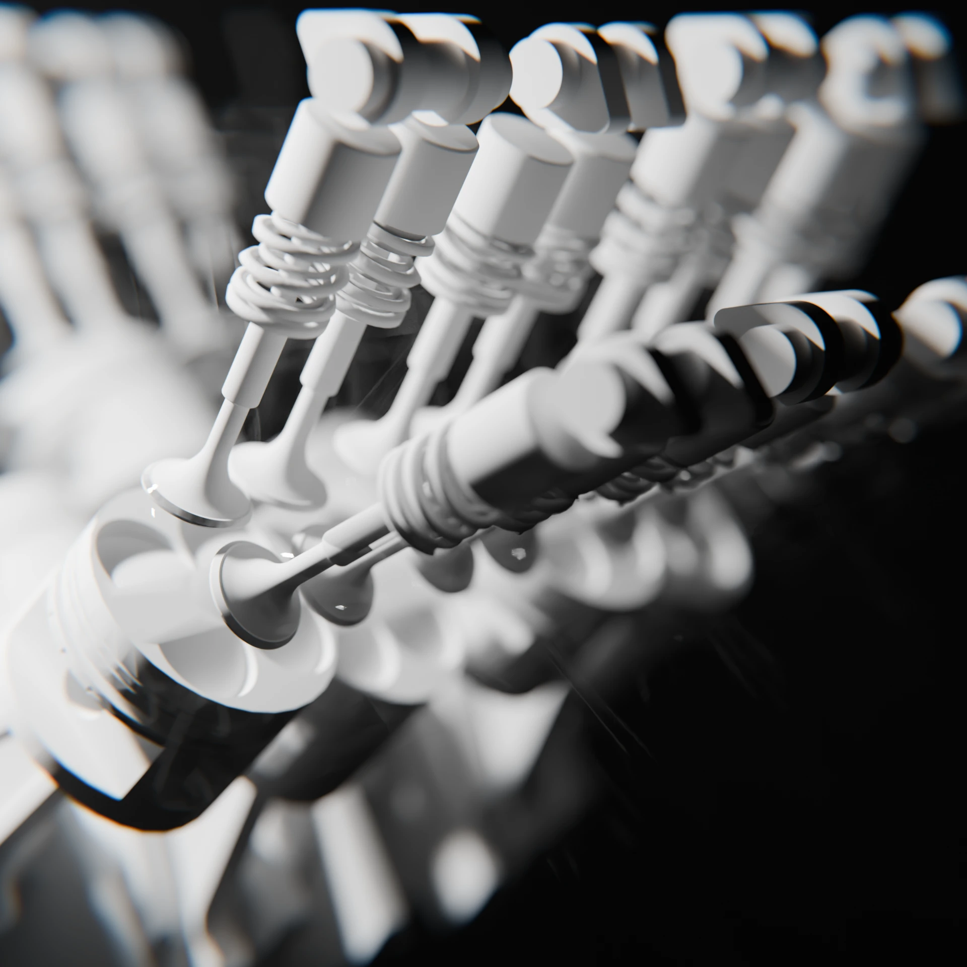 Original close-up render of the Cosworth engine’s valve bank, springs and mechanical components.