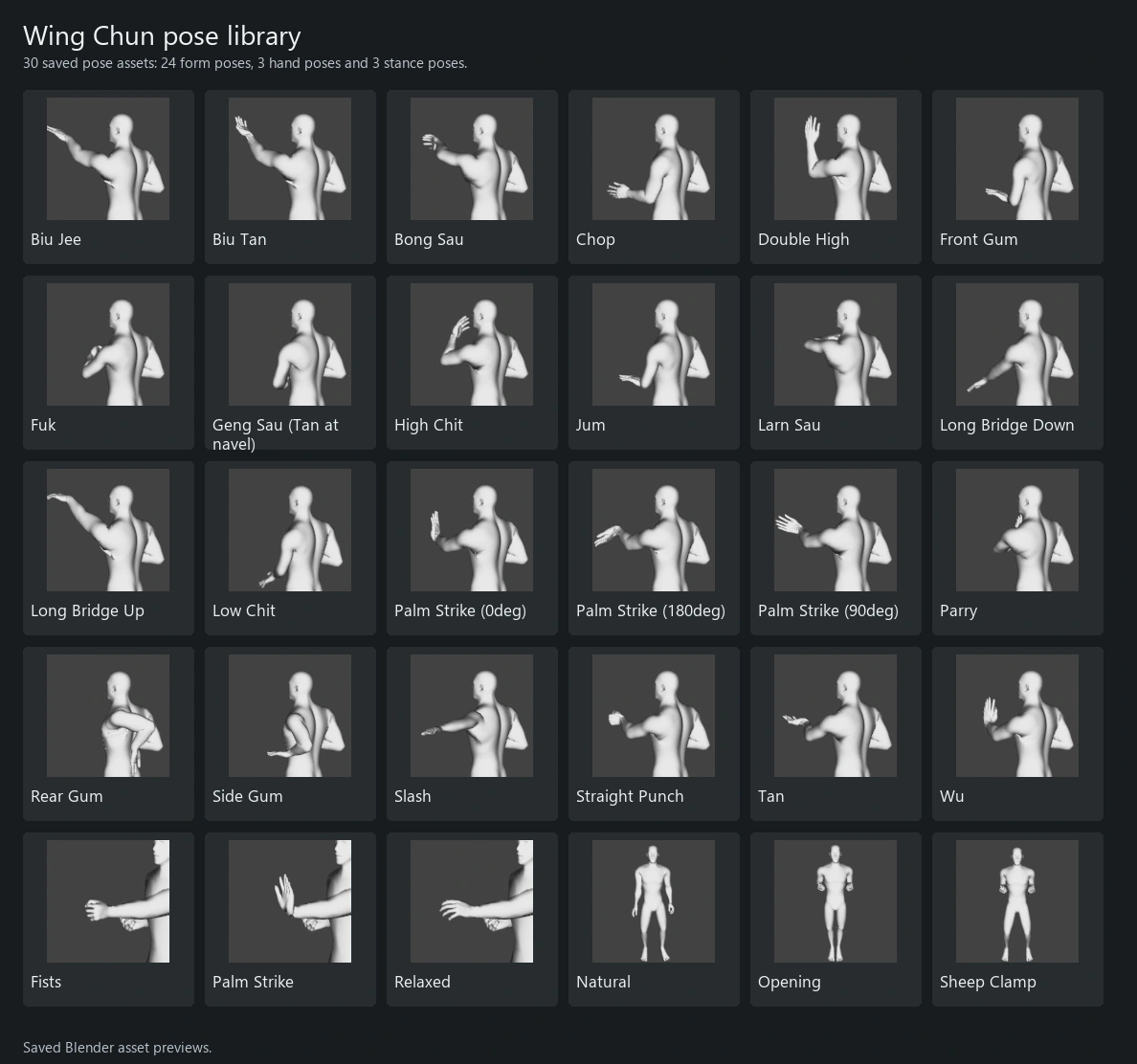 Thirty saved Wing Chun pose assets, including forms, hand poses and stances.
