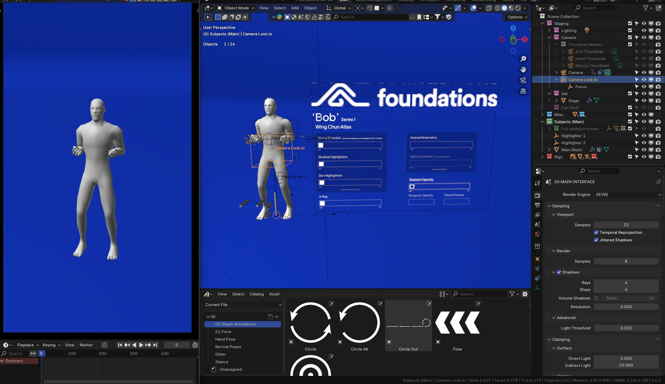 Blender workspace showing the Wing Chun Atlas mannequin, driver dashboard and asset library.