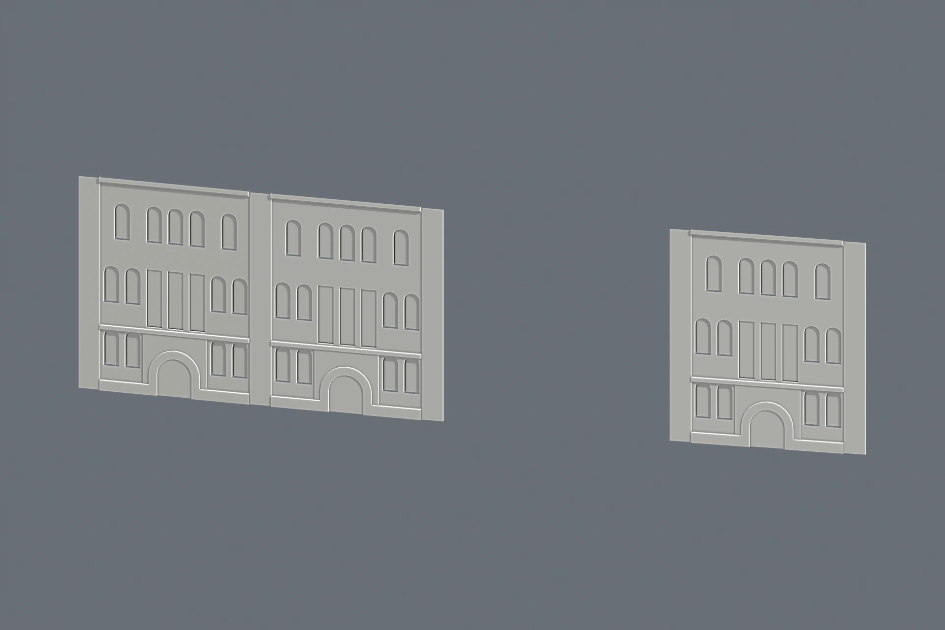 Three placed façade instances isolated from the surrounding city.