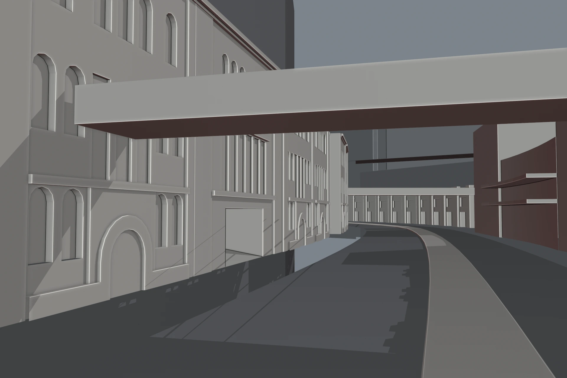 A road-level view of the Millers Point development model with façade modules and overhead connections.