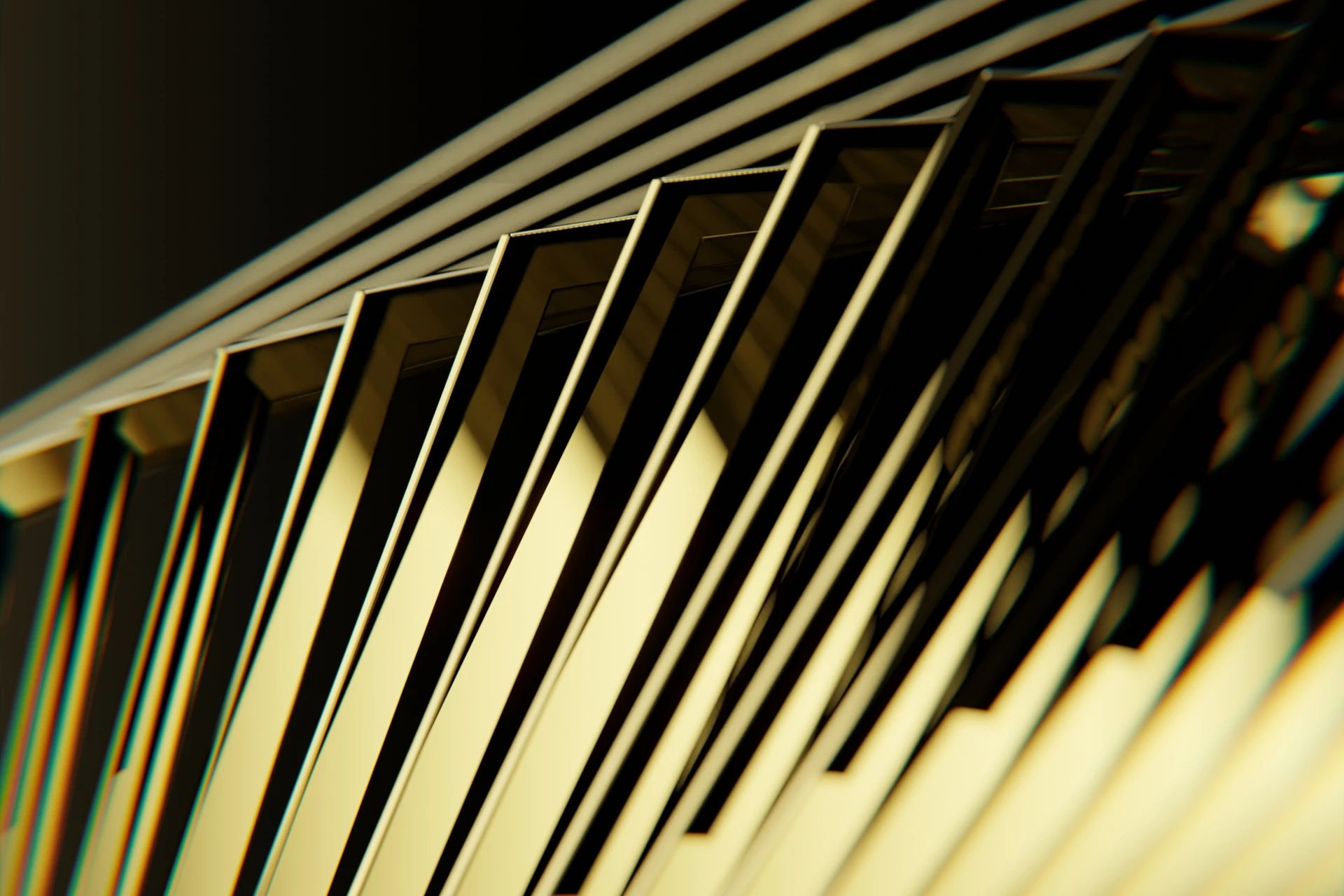 Close view of reflective gold fins forming a dimensional LUXit brand graphic.