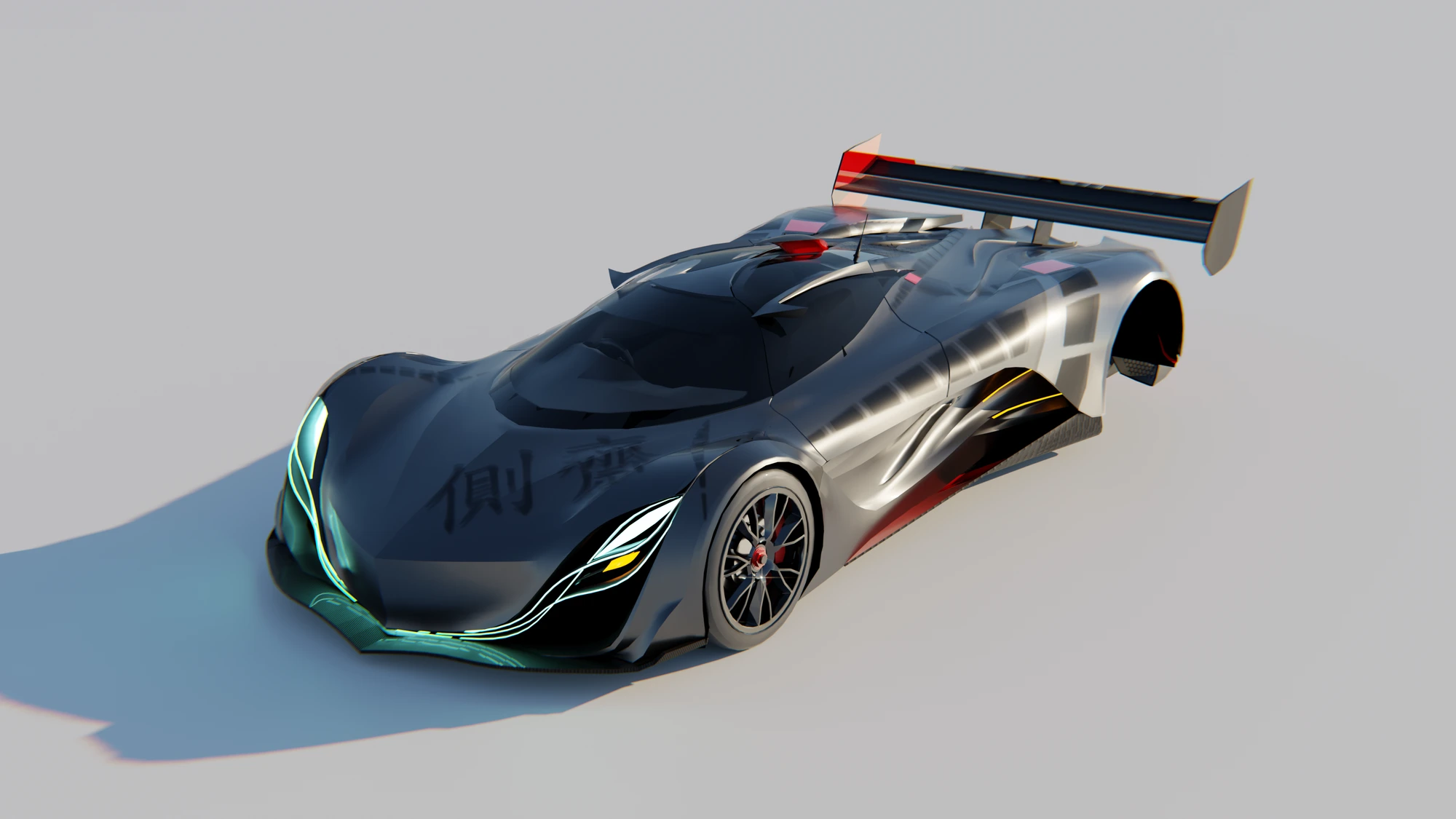 Original Furai presentation render with blue bodywork, carbon-fibre surfaces and front wheel module.