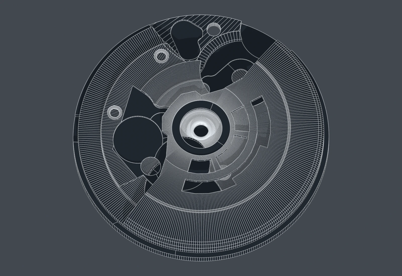 Watch movement assembly. Matching view with polygon edges visible.