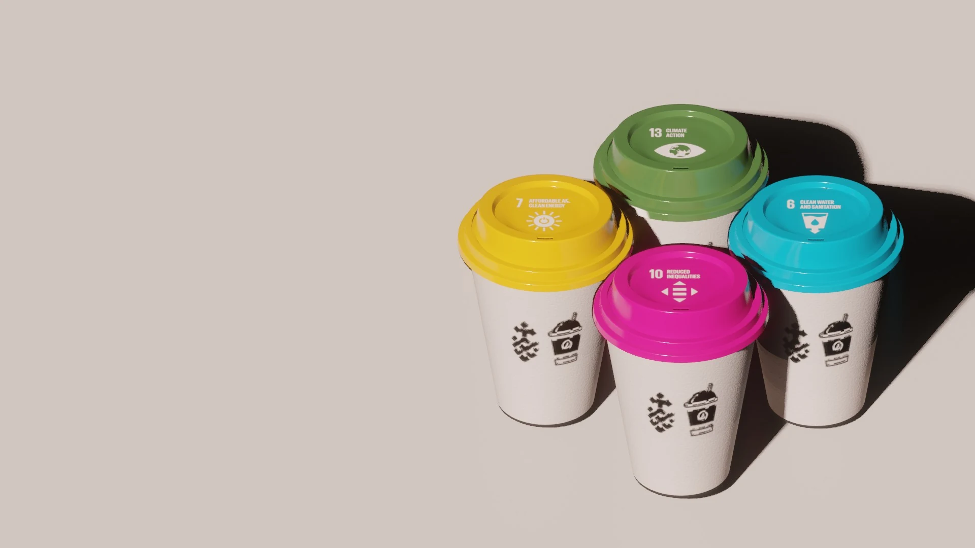 Four colour-coded lids visualising the sustainability campaign concept.