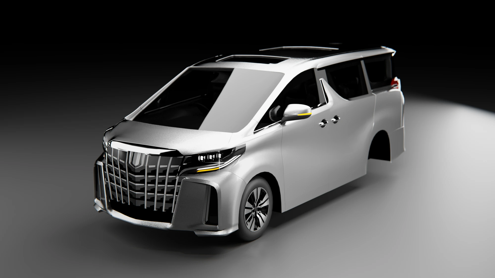 Original Alphard front three-quarter render with silver bodywork, chrome grille and glazed interior.