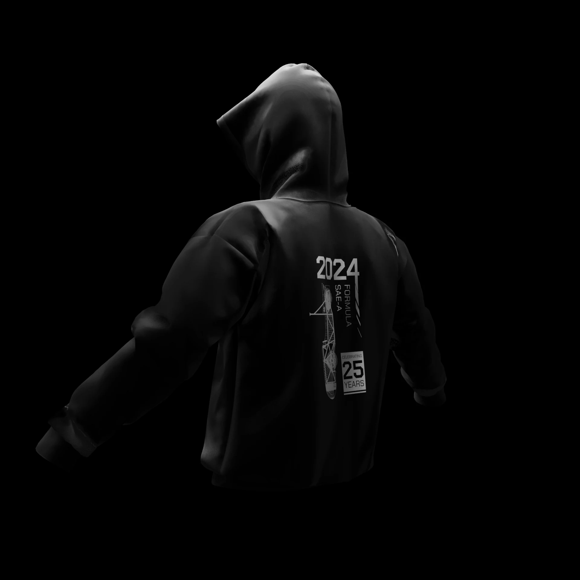 Rear graphic treatment on the hoodie.