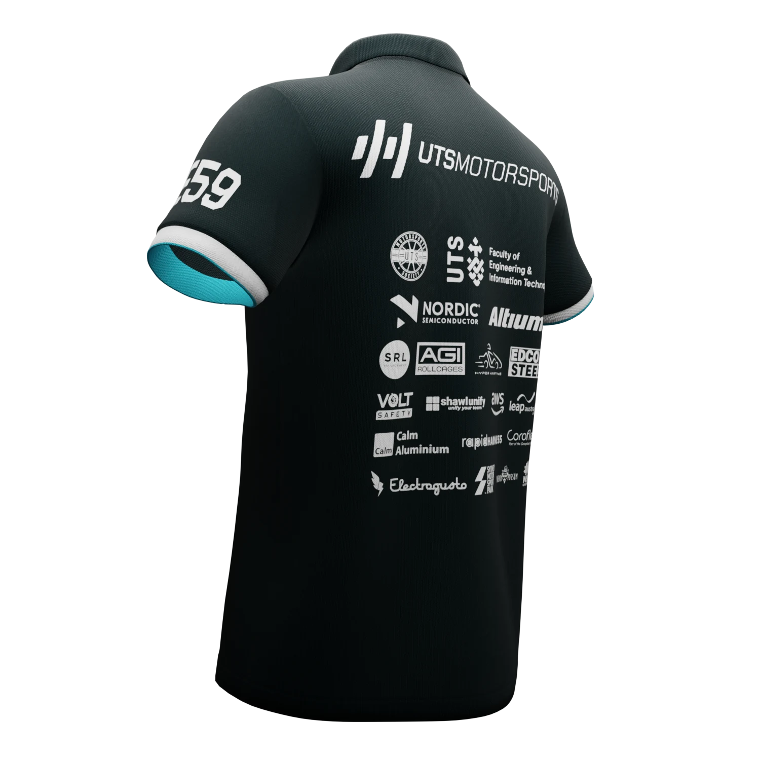 Sponsor layout and rear graphics on the team polo.