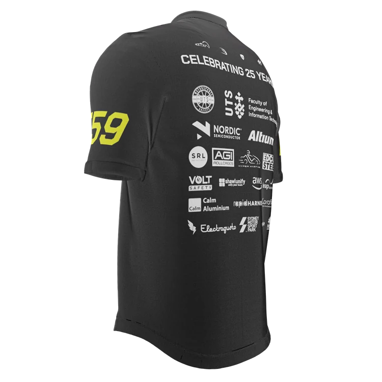 Rear graphic and sponsor layout on the T-shirt.