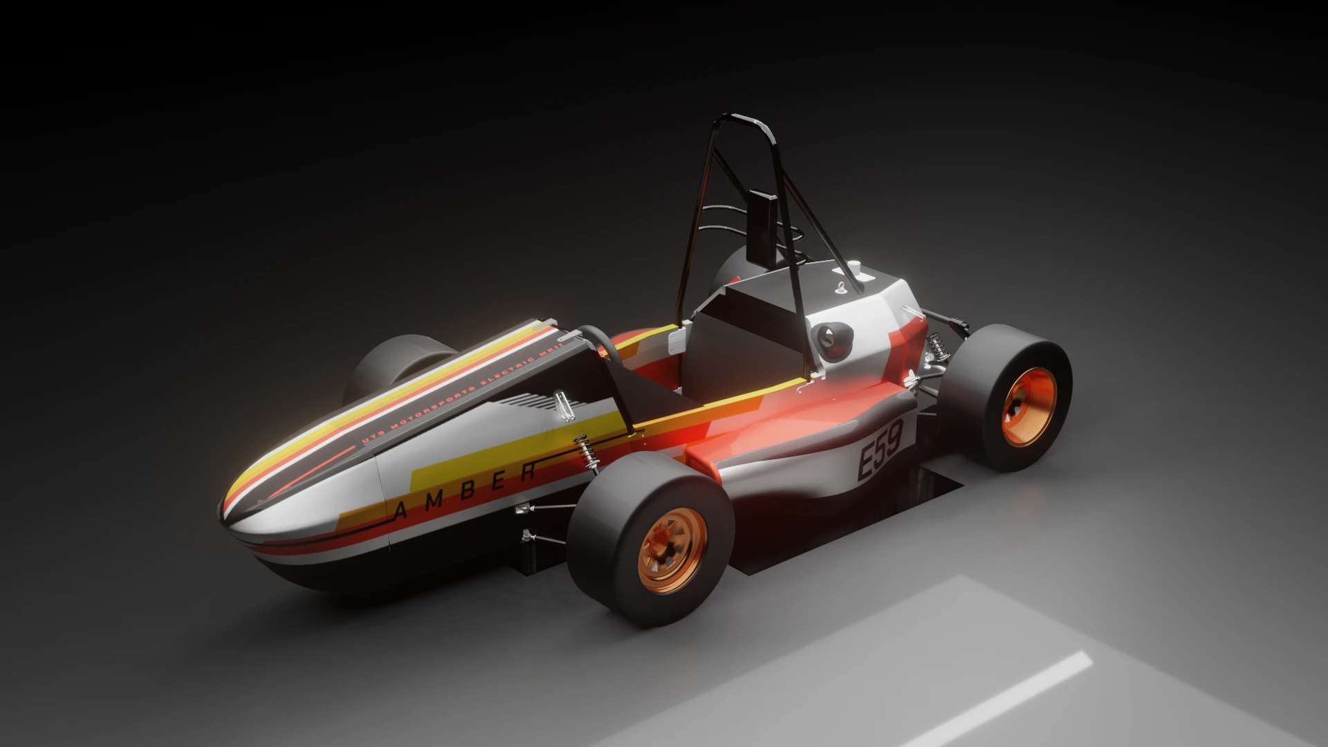 Amber complete-car render with the red, orange and yellow livery proposal.