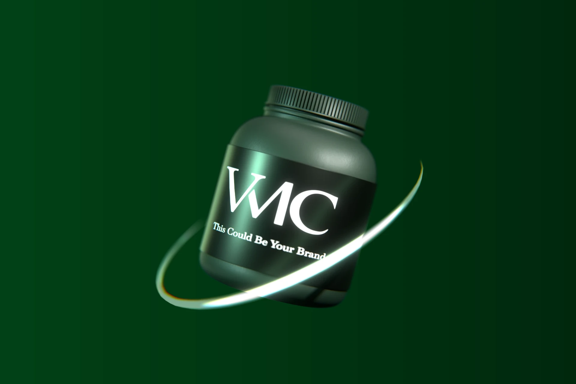 Green VMC supplement bottle with a metallic orbiting band on a deep green background.