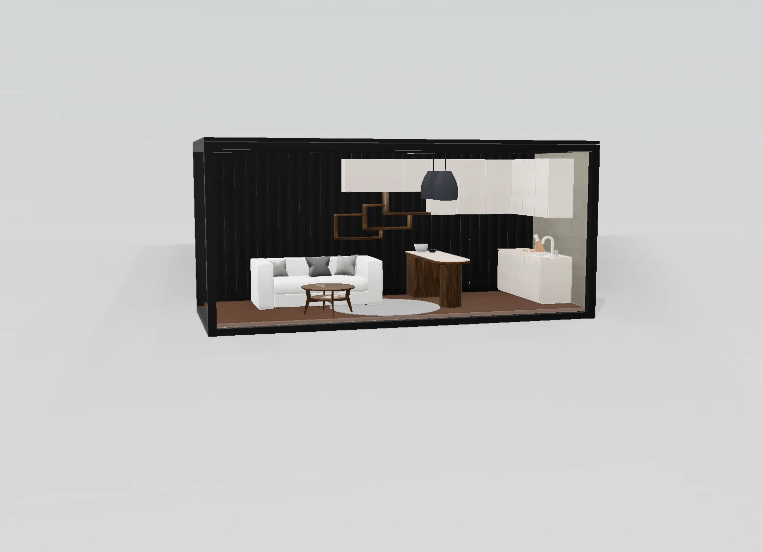 TELOS modular interior with a sofa, tables, kitchen cabinetry and pendant lights inside a dark structural frame.